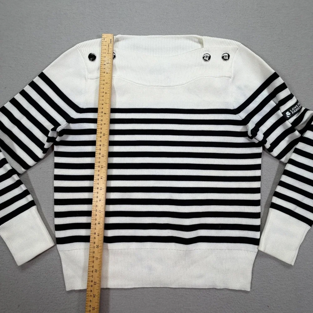 Karl Lagerfeld Sweater Womens M White Black Striped Button‎ Shoulder Knit